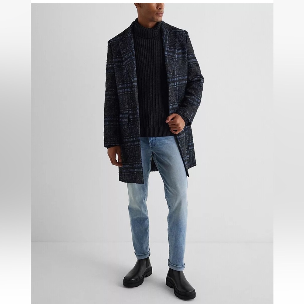 EXPRESS BLUE PRINT PLAID WOOL BLEND TOPCOAT COAT Medium